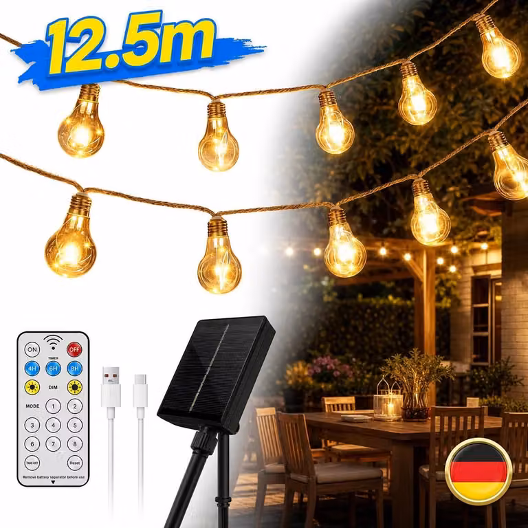 Catena luminosa solare per esterni, 12,5 metri, luce bianca calda, 8 modalità, decorazione da giardino, stile retrò, cavo in canapa, LED