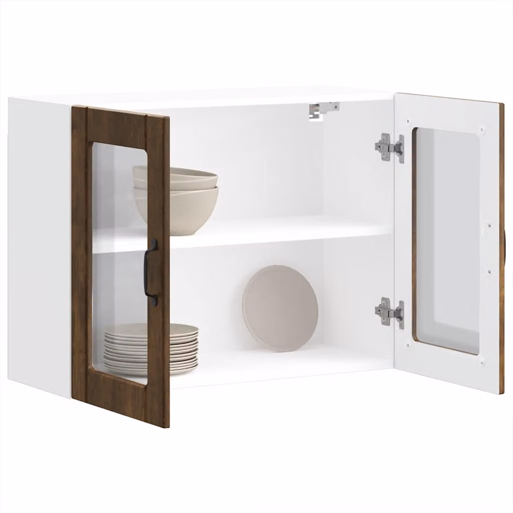 Pensile da cucina moderno vidaXL con ante in vetro, bianco e marrone, L 80 x P 25 x H 60 cm