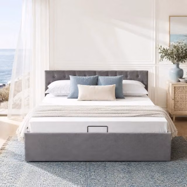 Letto imbottito in velluto grigio 140x200 cm con testiera capitonn¨¦ e contenitore idraulico