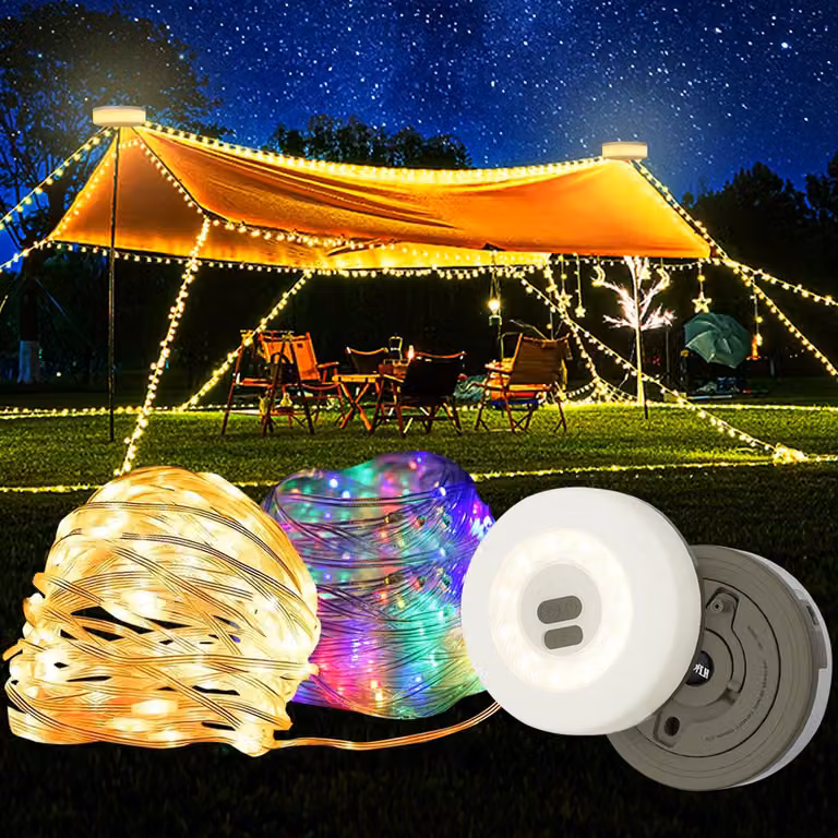 Catena luminosa da campeggio, 10 metri, con alimentazione USB, arrotolabile, impermeabile, con luci colorate e calde
