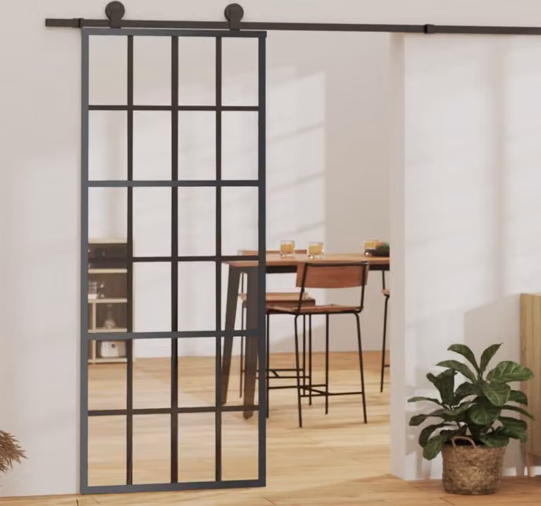 The Living Store Porta scorrevole ESG in vetro e alluminio 76x205 cm Nero