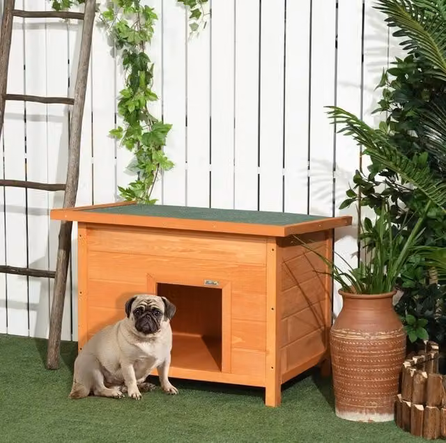 Cuccia per cani da esterno in legno gialla con tetto apribile e base rialzata 82x58x58 cm