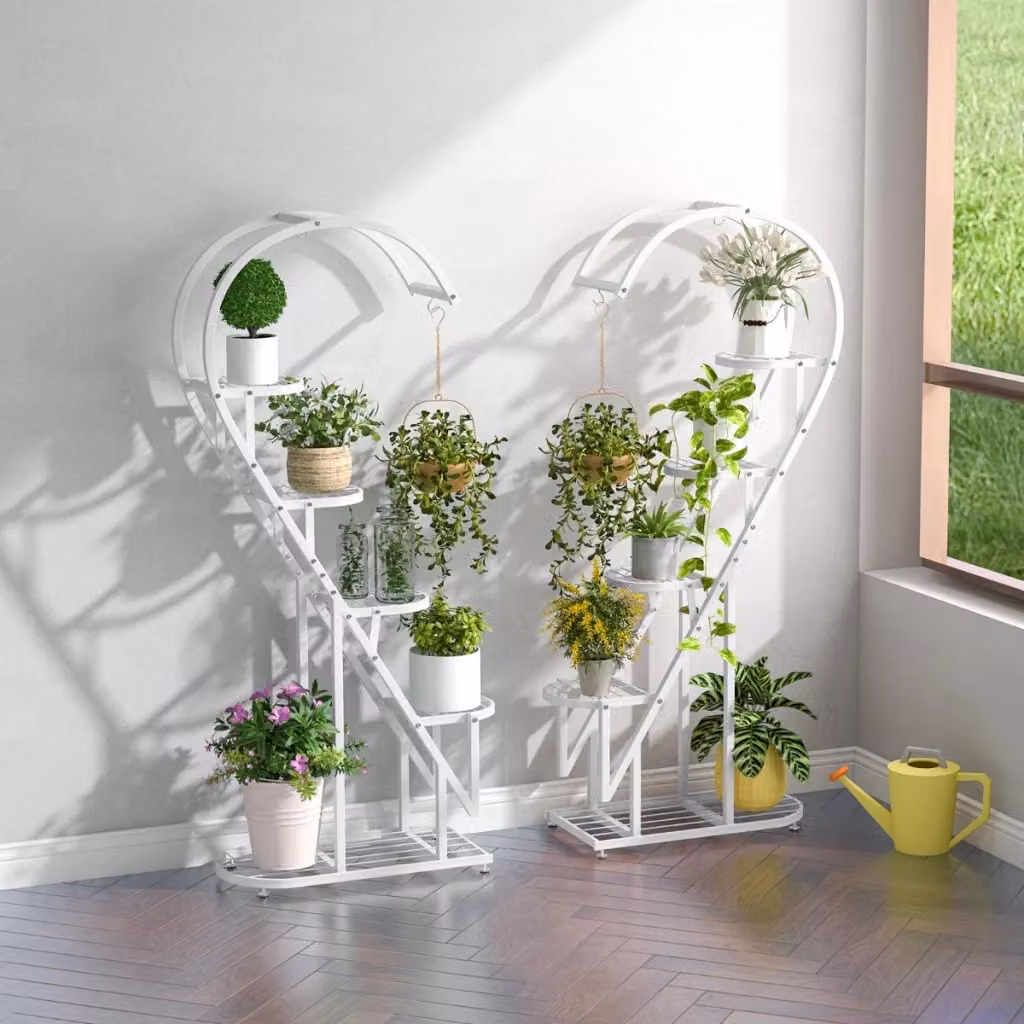 Set di 2 Scaffali Porta Piante in Metallo Verniciato Bianco a 5 Livelli con Design a Cuore e Ganci per Soggiorno o Giardino – 2