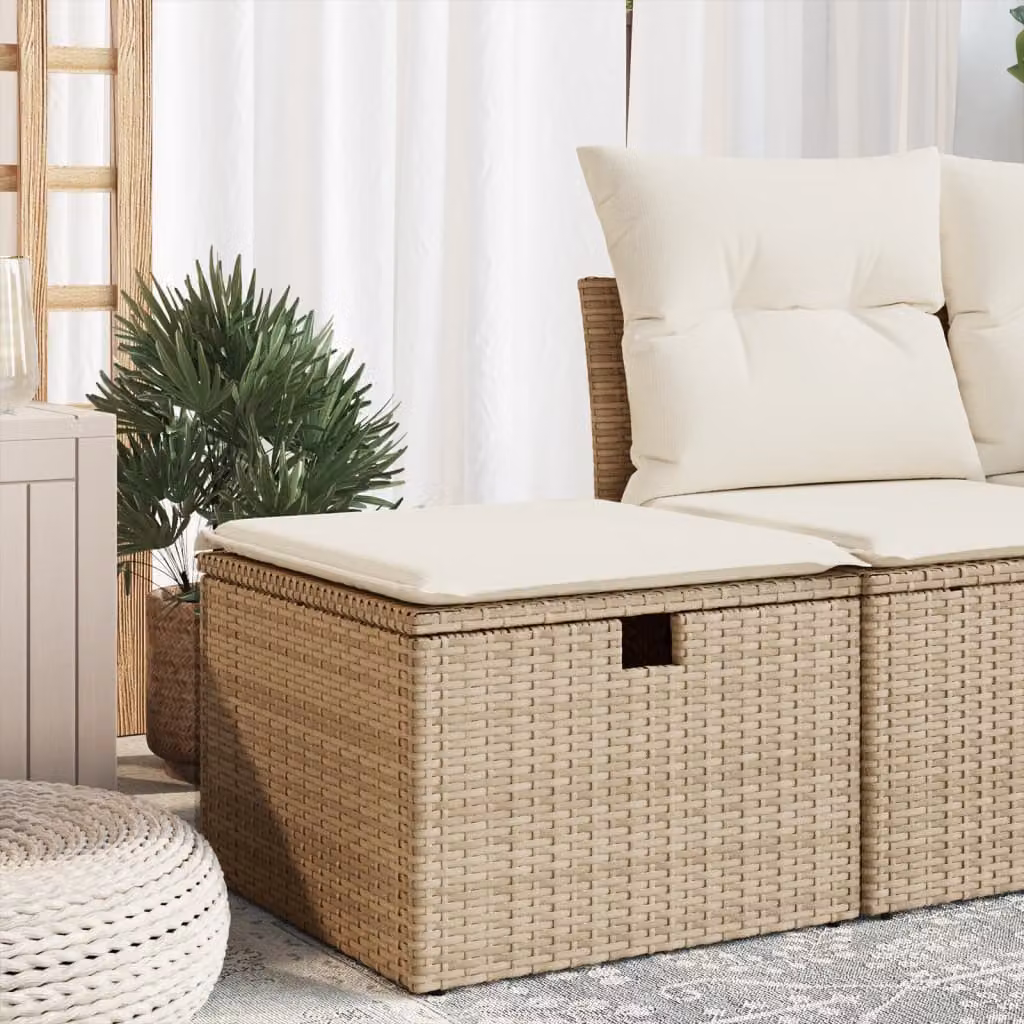 vidaXL Sgabello da giardino in polyrattan con cuscino beige e struttura in metallo L: 55 cm, P: 55 cm, H: 37 cm