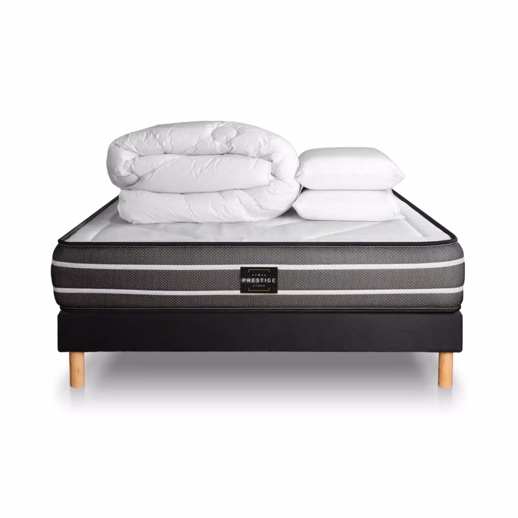 Set letto completo Prestige Literie nero con materasso a molle pocket, box spring imbottito, doghe, 2 cuscini e piumino L/P: 200 x 200 cm – 2