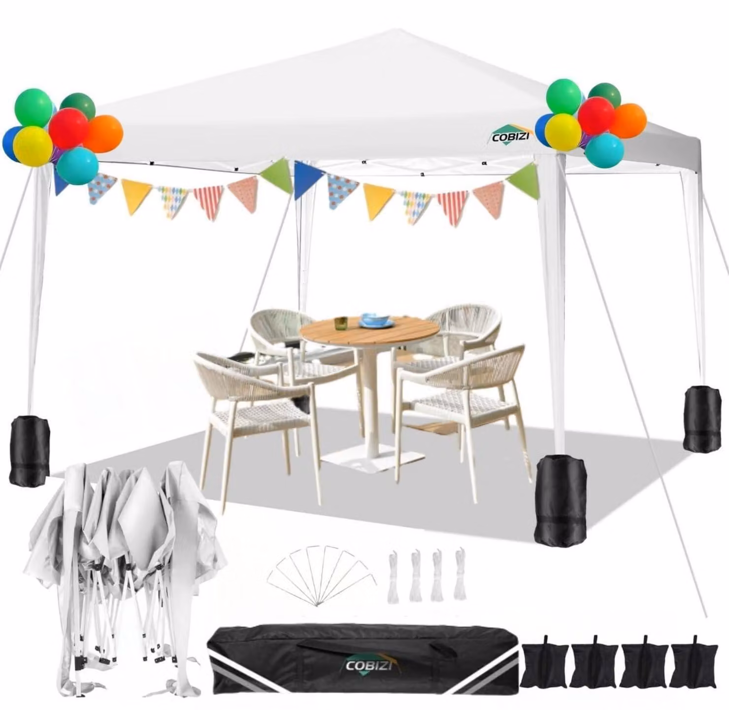 Gazebo portatile 3x3 metri, impermeabile, con altezza regolabile, di colore bianco, completo di sacchi di sabbia