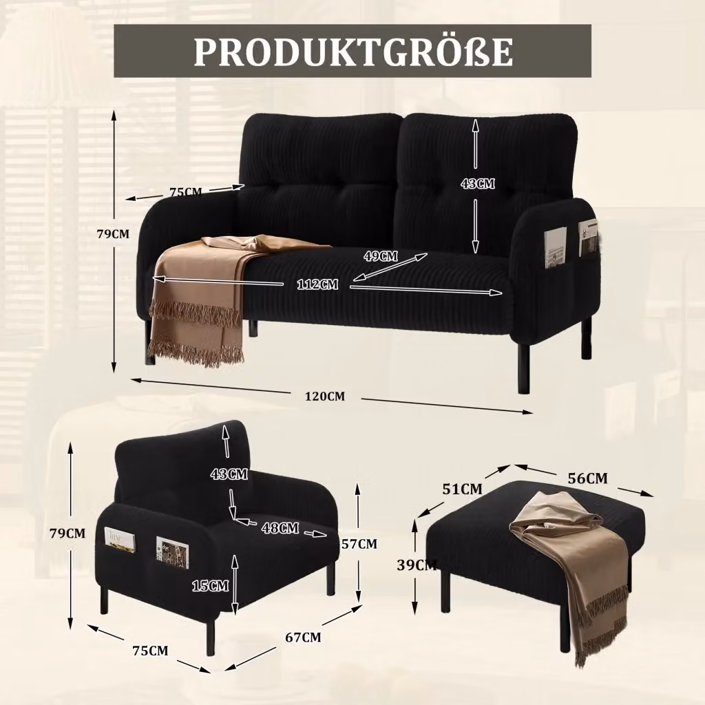 Set divano moderno WISHDOR in velluto nero composto da divano a 2 posti, poltrona e pouf coordinato con struttura mista in metallo e legno – 2