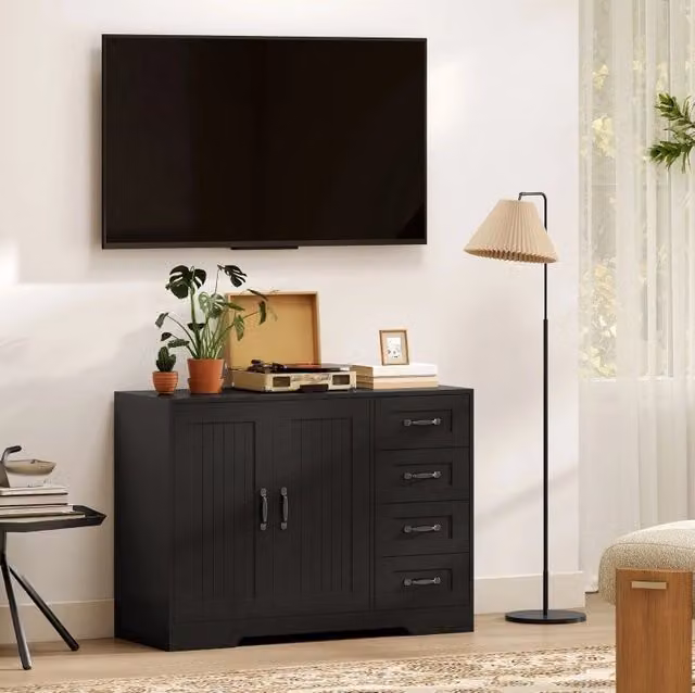 Credenza 105x40x76 cm nera – 4 cassetti, ripiano regolabile