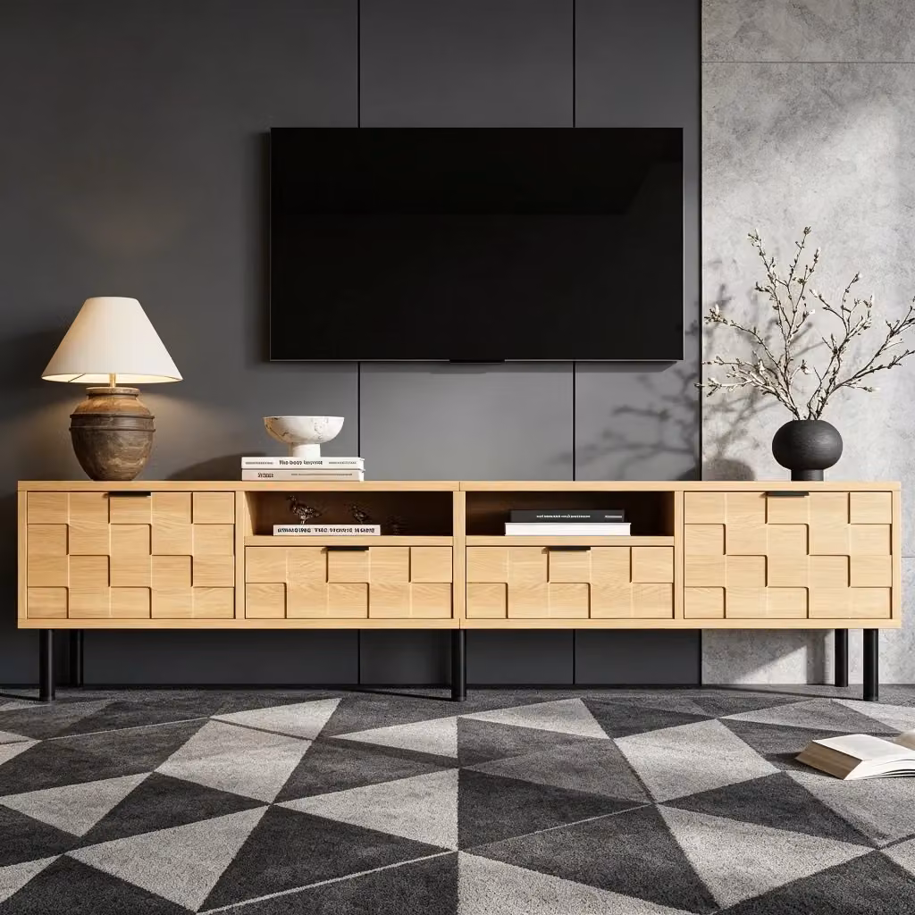 Mobile porta TV OKWISH beige con 2 ante, 2 cassetti e 2 vani aperti per soggiorno in MDF, L: 200 cm, P: 35 cm, H: 44,5 cm – 2
