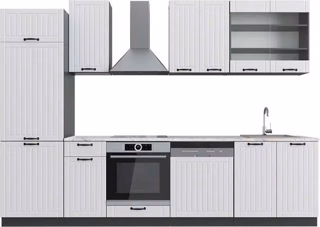 Cucina componibile Fame-Line Vicco in stile country house, Bianco rustico e Antracite, L: 300 cm – 1