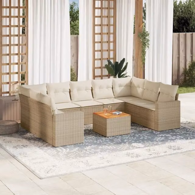 Set Divano da Giardino a Forma di U vidaXL in Polyrattan con Cuscini Beige e Tavolino da Esterno – 1