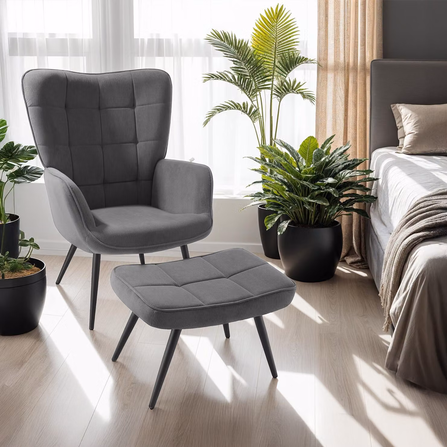 Poltrona Hygge tectake con pouf integrato, imbottitura in schiuma e tessuto velluto, colore antracite e nero, L: 100.5 cm, P: 72.0 cm, H: 76.0 cm – 3