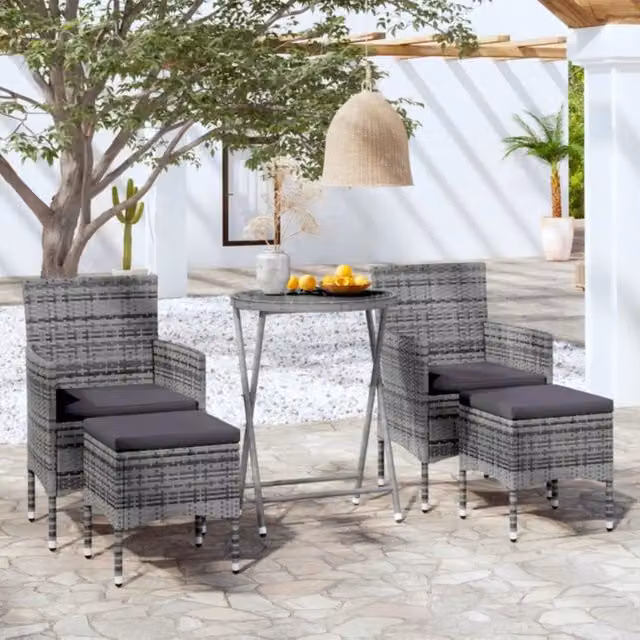 Set Bistrot da Giardino 5pz Polyrattan e Vetro Temperato Grigio 3058389