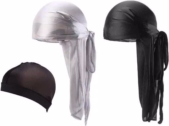 Durag elastico - Taglia unica - Motivo a onde - Qualità resistente - Nero e argento