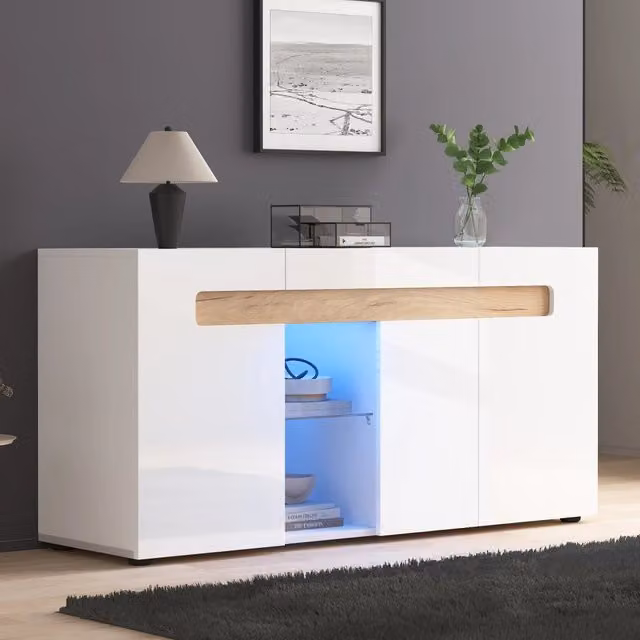 Madia moderna REDOM in MDF bianco e beige con illuminazione integrata e ripiano in vetro L/P/H: 140 x 40 x 70 cm