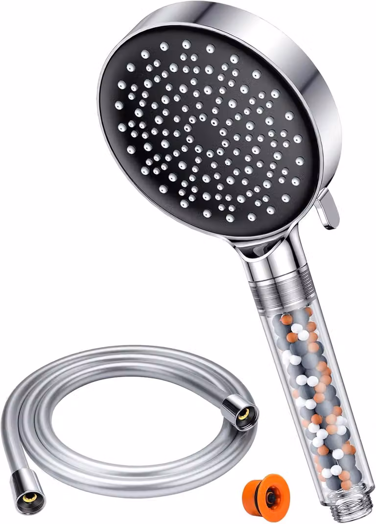 Pistola a mano con tubo da 1,6 metri, portata di 7,5 litri/minuto, filtro, finitura cromata, 6 tipi di getto, per uso domestico