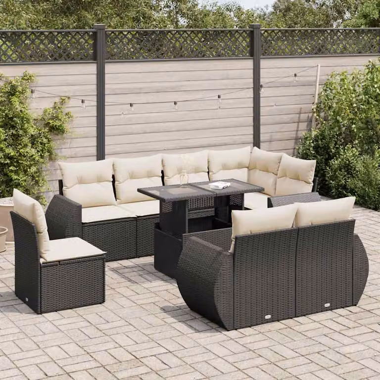Set Divani da Giardino vidaXL 9 pz in Polyrattan Nero con Cuscini e Tavolino da Esterno a Forma di L