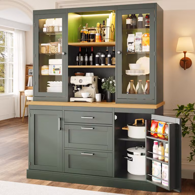 Mobile da cucina Flieks con illuminazione a LED controllata tramite app, mobile alto con 3 cassetti e ripiani regolabili, mobile alto 140x40x185 cm, verde