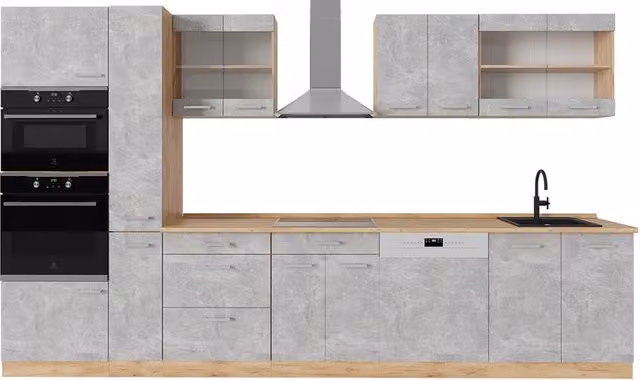 Cucina completa moderna R-Line Vicco in Calcestruzzo e Rovere dorato, L: 350 cm – 1