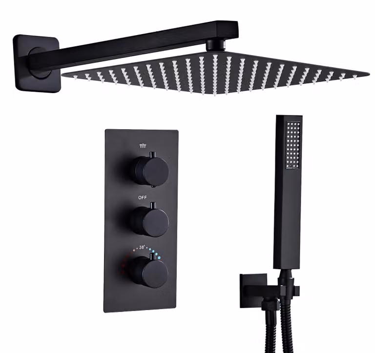 Set doccia da incasso - 30 cm - Soffione a pioggia - Nero opaco - Miscelatore termostatico