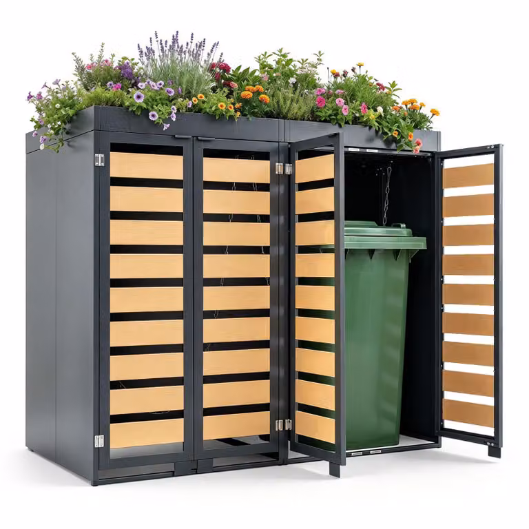 Contenitore per bidoni della spazzatura COSTWAY, per 2 bidoni fino a 240L, rivestimento in metallo, struttura per bidoni con tetto giardino, guanti, fori di drenaggio e doppia porta, dimensioni 138x77x122 cm