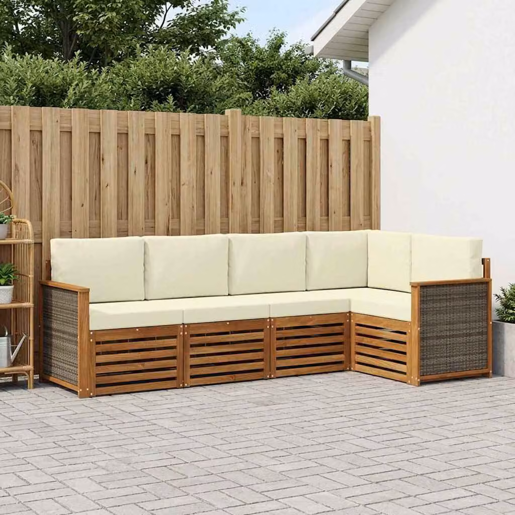 Set di divani da esterno vidaXL a forma di L composto da 4 pezzi in legno di acacia con cuscini beige e bianchi