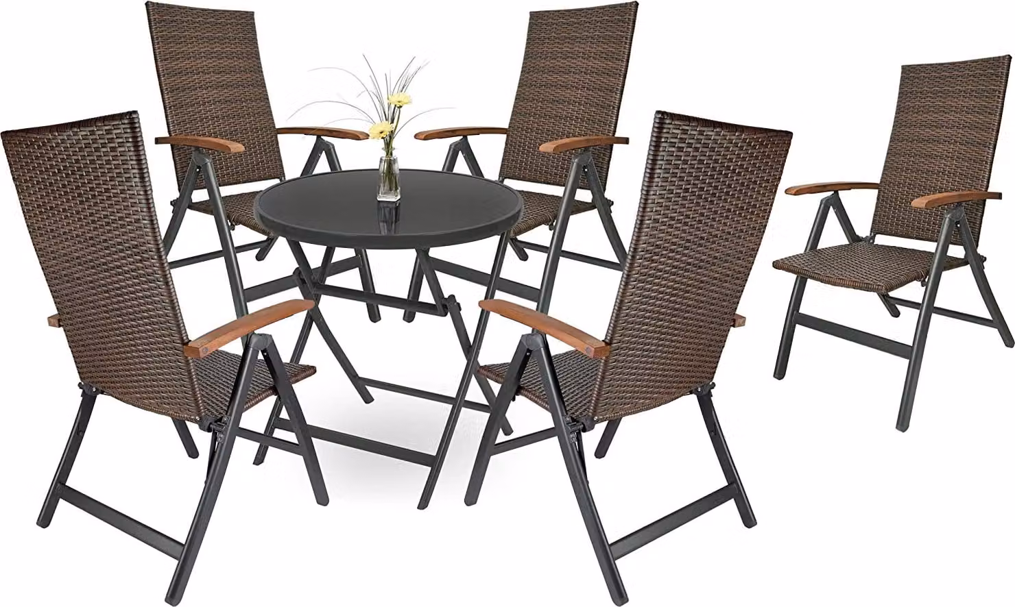 Gruppo da giardino Brubaker Modena - 1 tavolo pieghevole in vetro rotondo 70 cm Ø con 5 sedie in polyrattan - resistente alle intemperie - marrone/antracite
