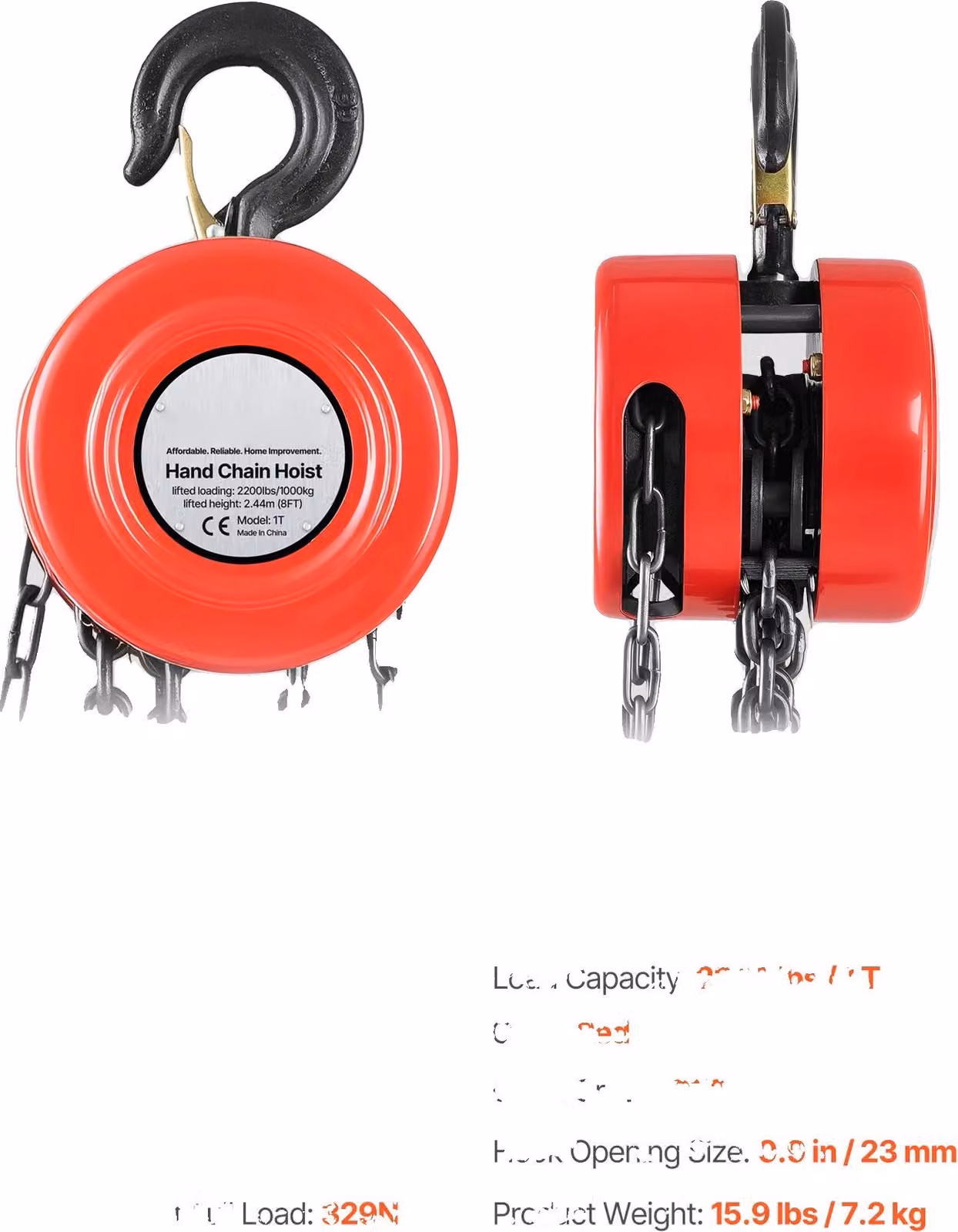 Catena manuale, portata 1000 kg, ganci girevoli a 360°, 1T 20FT