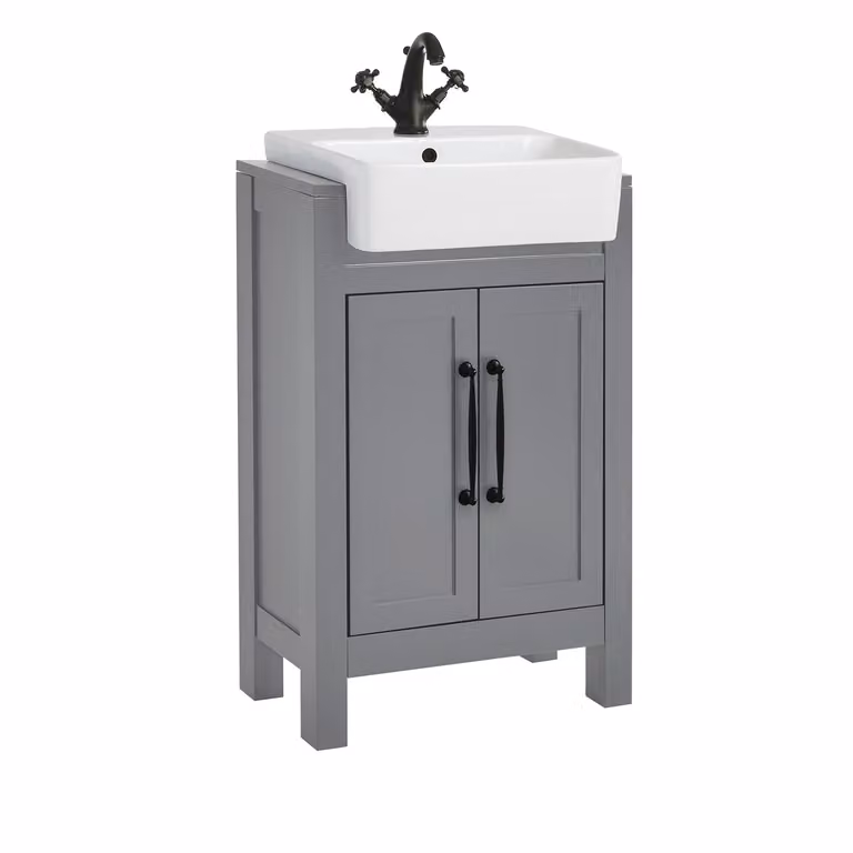 Mobile Bagno Grigio Chiaro da 550mm con Lavabo e Maniglie Classiche Nere con Barra a T - Warwick