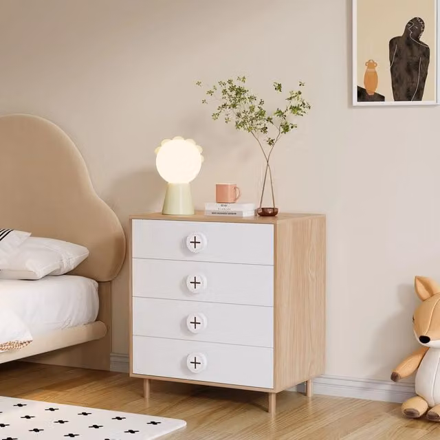 Comò bianco e effetto legno con 4 cassetti, 80×54×90 cm