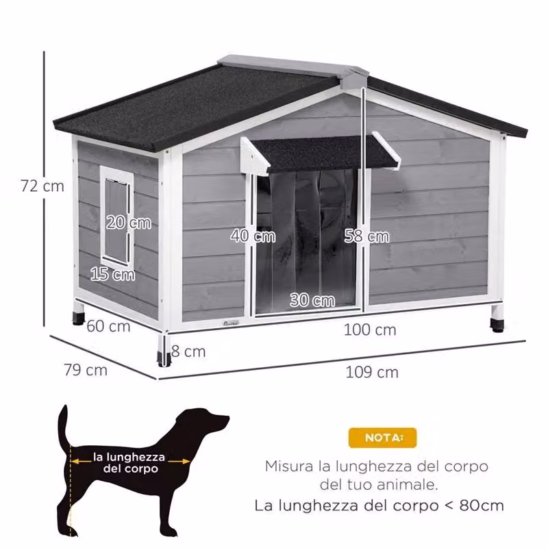 Casetta per cani Pawhut in legno di abete con design rialzato, tetto rimovibile e resistente alle intemperie, L: 109 cm, P: 79 cm, H: 72 cm – 2