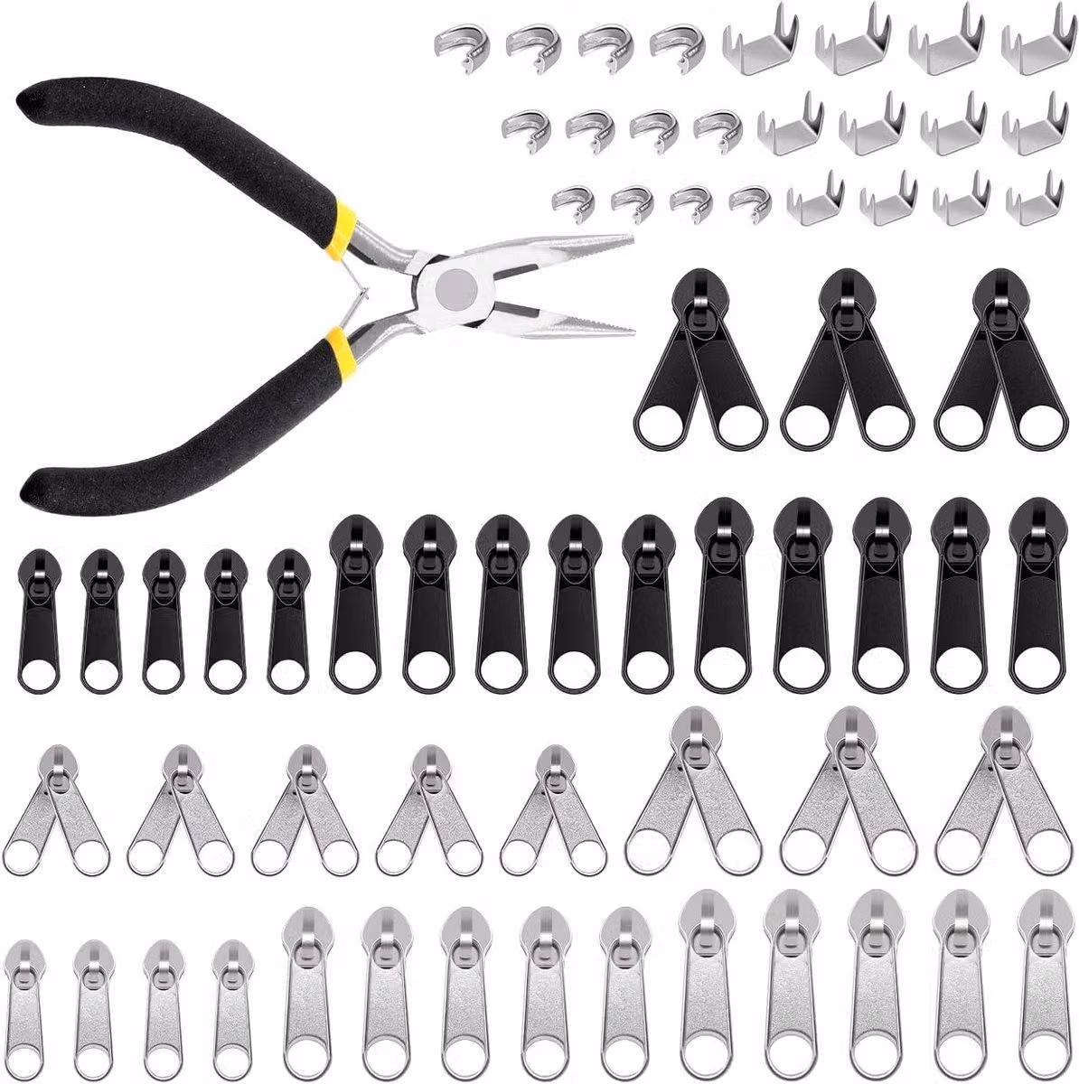 Kit di riparazione per cerniere da 85 pezzi, con cursori metallici di diverse dimensioni (#3, #5, #8), fermacapienti a forma di U e fermacerniera con pinze a punta fine. Ideale per