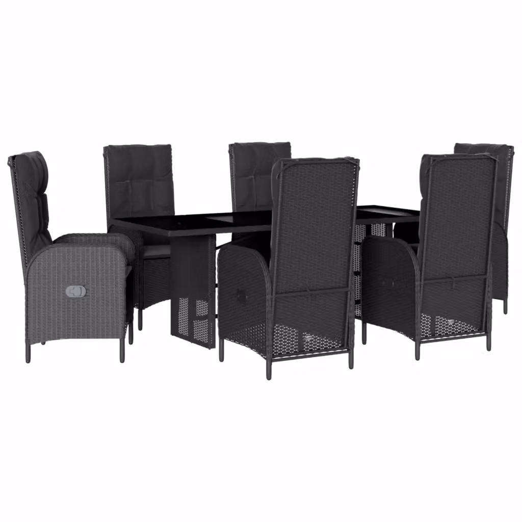 Set da Pranzo da Giardino vidaXL in Polyrattan Nero con Cuscini e Tavolo in Vetro, 7 Pezzi – 2