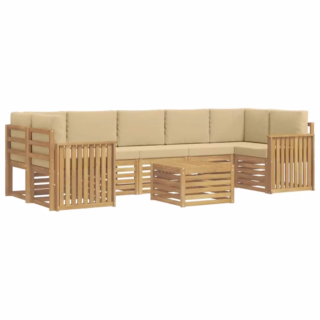 Set di divani da esterno vidaXL a forma di L con tavolo da caffè, composto da 8 pezzi in legno di acacia e tessuto resistente ai raggi UV, colore bianco e beige – 2