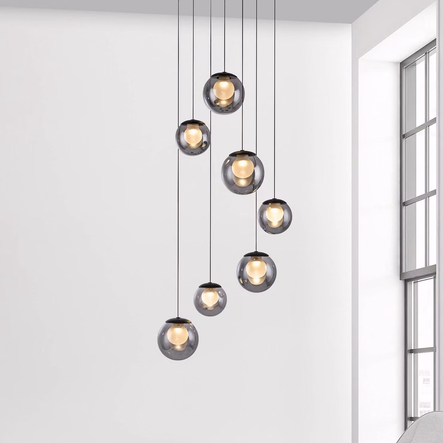 PURE Lampada LED a sospensione Popup, grigio/grigio fumé, Ø 40 cm, 7 luci dimmerabile, Alluminio / Grigio / Zincato, Soggiorno / Sala da pranzo, Alluminio
