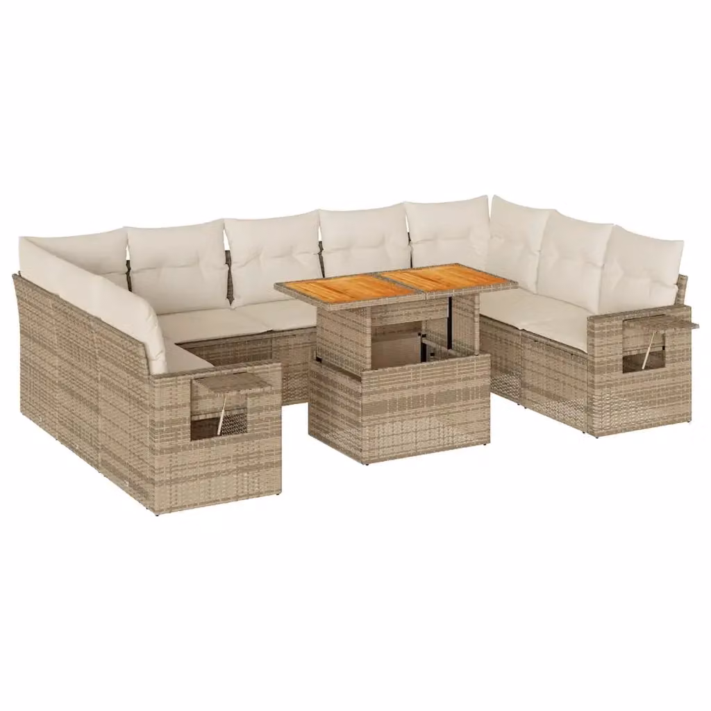 Set Divano da Giardino vidaXL 10 pz in Polyrattan con Cuscini Beige e Legno di Acacia Oliato – 2