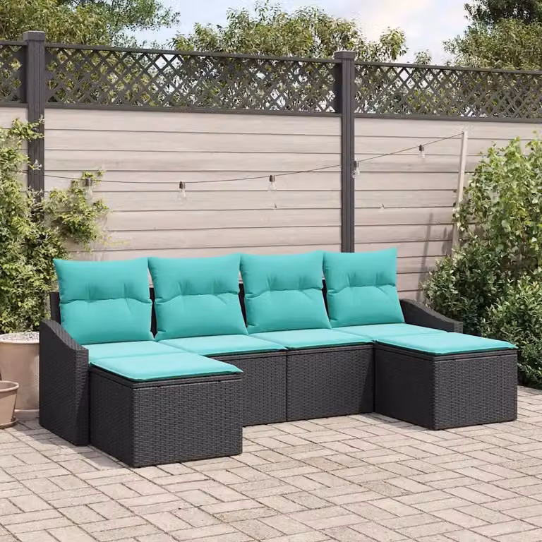 Set di divani da giardino vidaXL a forma di L composto da 6 pezzi in rattan nero con cuscini color turchese e struttura in acciaio verniciato a polvere