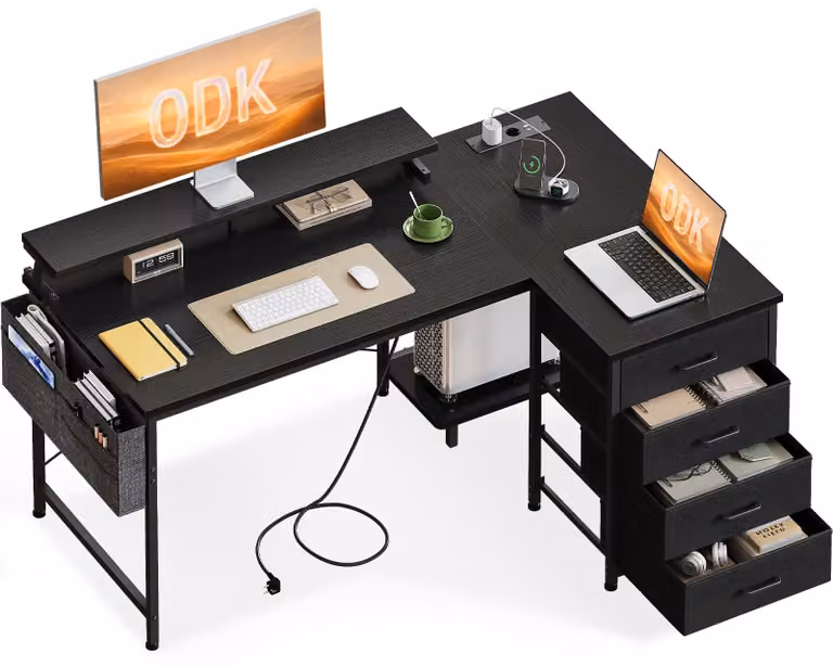 Scrivania ad angolo a forma di L, dimensioni 140x80 cm, colore nero, con 4 cassetti