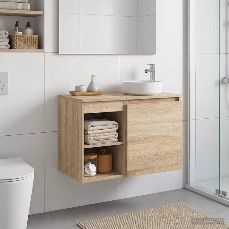 Armadio da bagno moderno vidaXL In-between in legno Rovere Sonoma marrone con ripiani interni e ante a battente, L: 30 cm, P: 44,5 cm, H: 50 cm