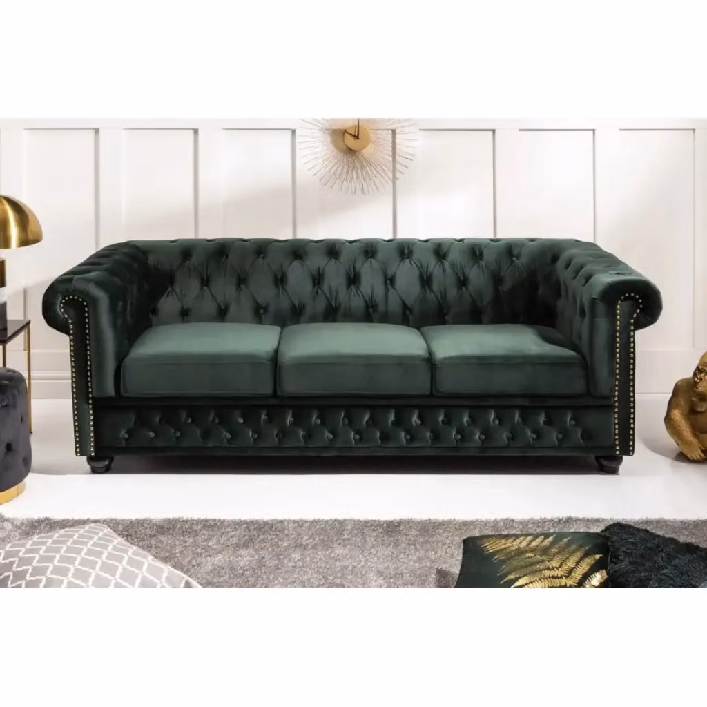 Divano dritto EDGAR Meublorama in velluto verde, 3 posti con struttura in legno massiccio, L: 205 cm, P: 73 cm, H: 87 cm – 2