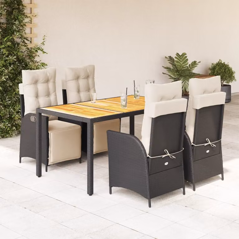 Set da pranzo da giardino vidaXL in legno di acacia oliato e polyrattan con 5 pezzi, nero e bianco