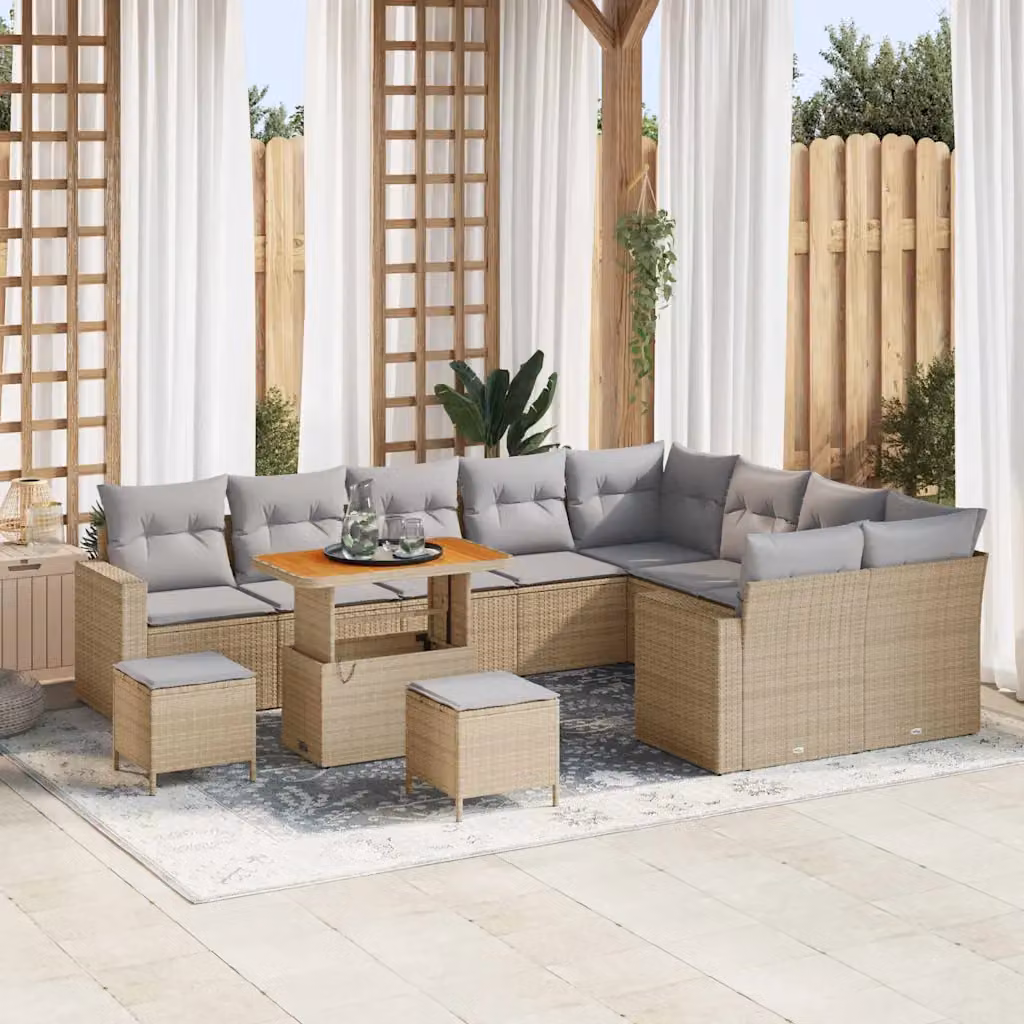 Set Divano da Giardino vidaXL 12 Pezzi Beige con Cuscini e Tavolino, Design Moderno a L in Polyrattan e Acciaio con Struttura Resistente ai Raggi UV – 1