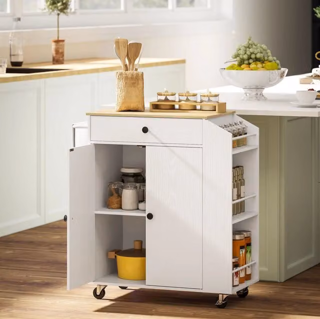 Carrello da cucina bianco con piano, cassetto e armadietto
