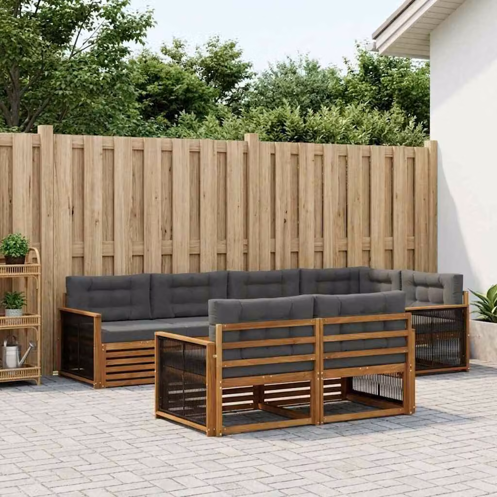 vidaXL Set di divani da esterno a L in legno di acacia con cuscini, 7 pezzi, Beige e Antracite