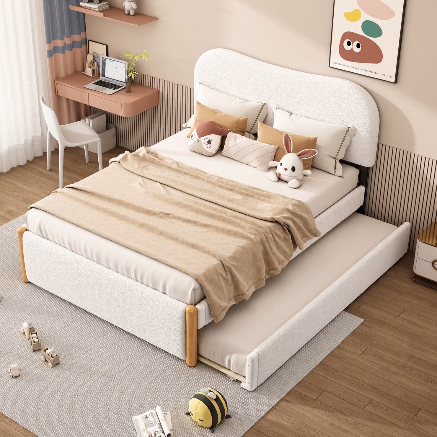 Letto imbottito Flieks 140x200cm estraibile, letto per ragazzi letto per bambini letto classico con rete a doghe, letto matrimoniale letto in legno, peluche, bianco