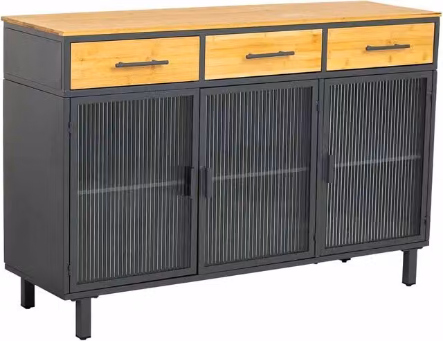 Credenza in vetro, metallo e legno 3 cassetti nero 120x35x79,5h cm