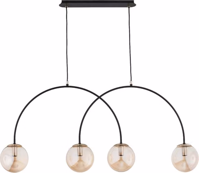 Lampada sospesa Alfa BENDO nera con 4 luci E14 e sfere in vetro ambra e oro/ottone, dimmabile