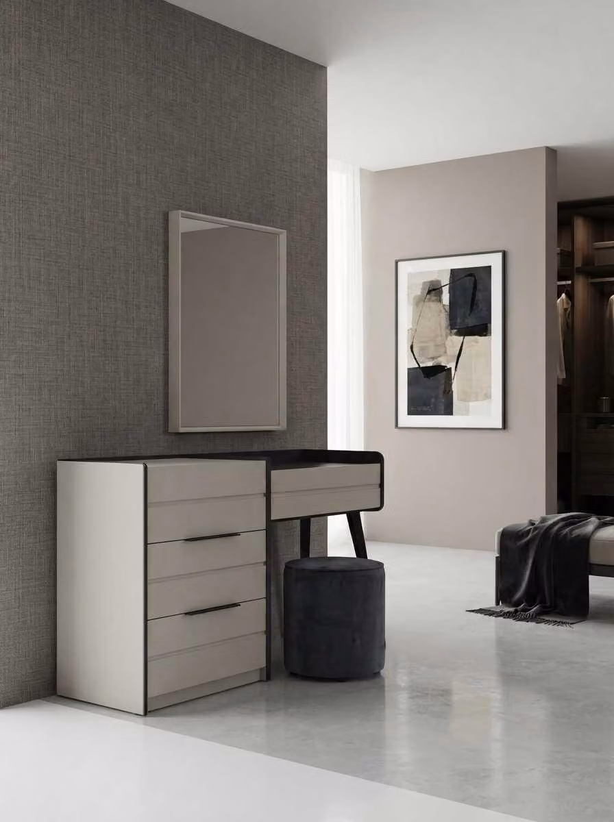 Comò, sgabello, specchio da trucco, beige, nero, moderno, elegante