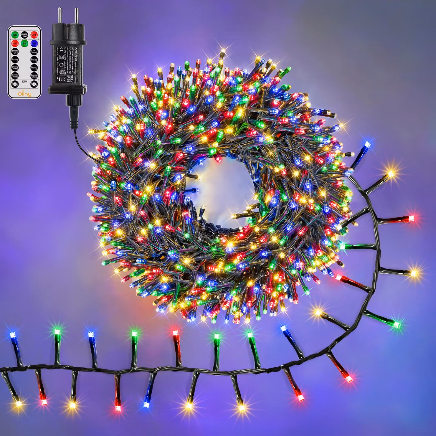 Catena luminosa a LED, 15 metri, 1000 LED, multicolore, con timer, grado di protezione IP44, 8 modalità