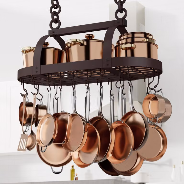 Porta pentole in ottone, dimensioni 85 x 39 cm, con 20 ganci removibili